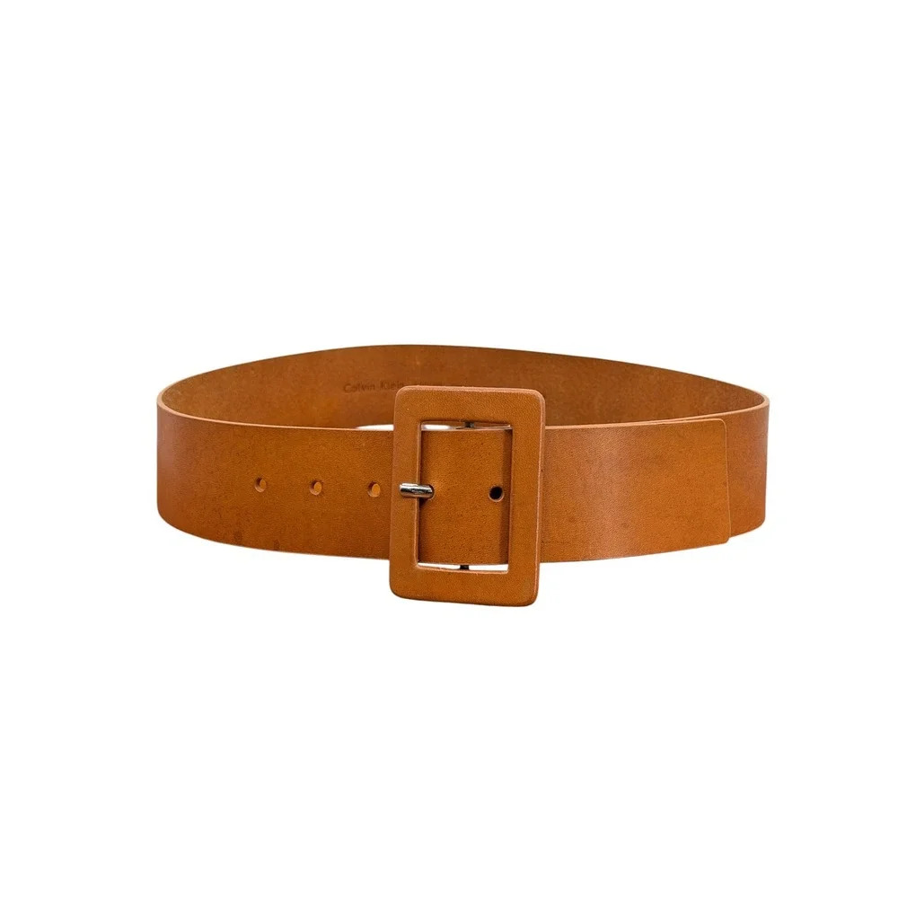 Calvin Klein Wide Leather Belt Womens SZ M Brown Classic Square Buckle Office